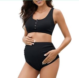 Zando Ribbed High Waist Maternity Swimsuit Two Piece Pregnancy Swimwear Bikini